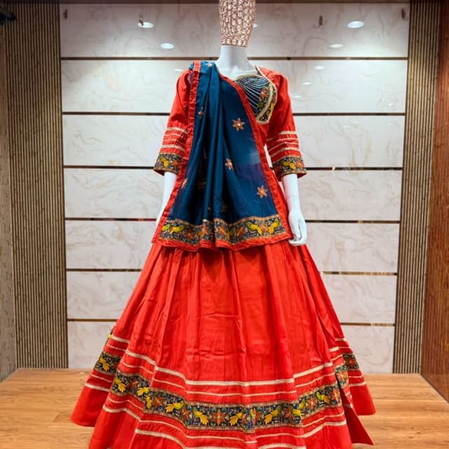 Bright Orange, Deep Teal Blue, Mustard Yellow, Green Lehenga Choli
