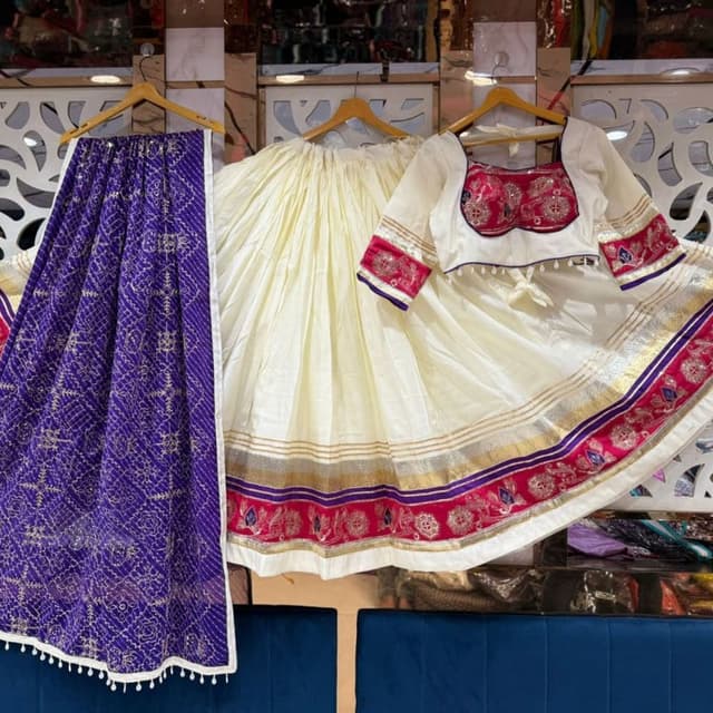 Off-white, Deep Purple, Hot Pink, Gold Lehenga Choli