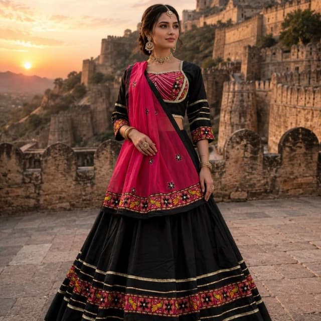 Black, Hot Pink, Gold Lehenga Choli
