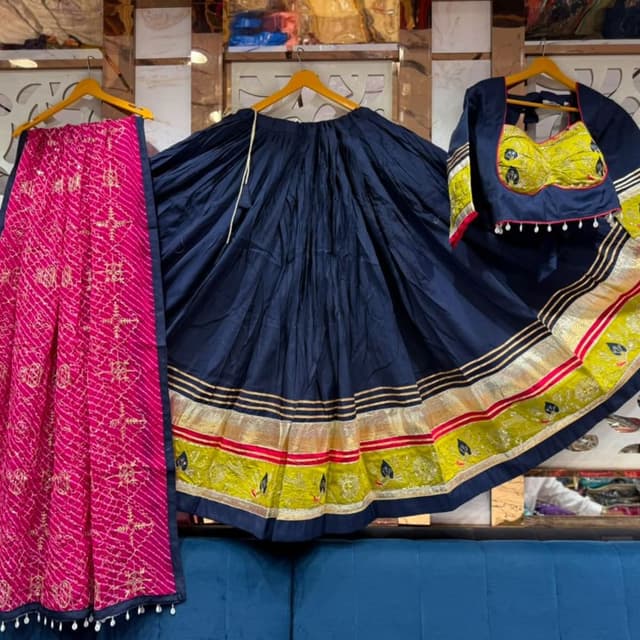 Navy Blue, Lime Green, Pink, Gold Lehenga Choli