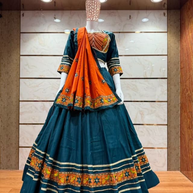 Teal, Orange, and Metallic Gold Lehenga Choli