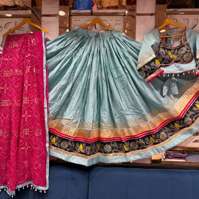 Pastel blue, gold, deep navy blue, pink, and yellow Lehenga skirt