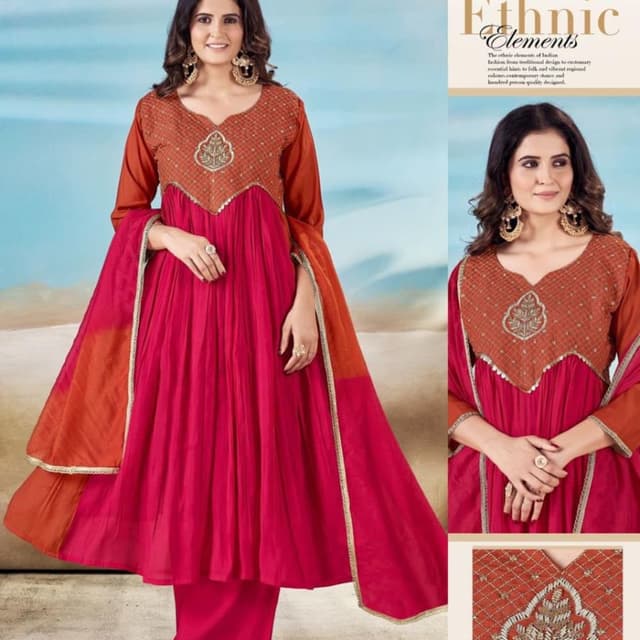 Magenta, Burnt Orange, Gold Anarkali Suit Set