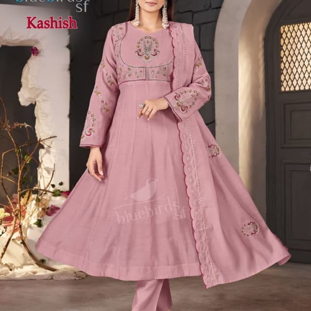 Dusty Rose Pink, Gold Anarkali Suit Set