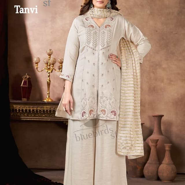 Beige, light cream, metallic gold, muted dusty pink Salwar Kameez Set (Kurti with Palazzo pants and Dupatta)