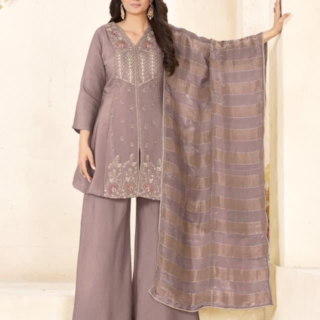 Dusty mauve, muted purple Kurta set with palazzo and dupatta