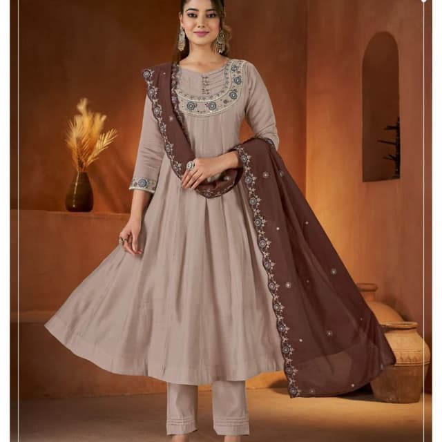Taupe beige and dark coffee brown Anarkali Kurta Set with Dupatta