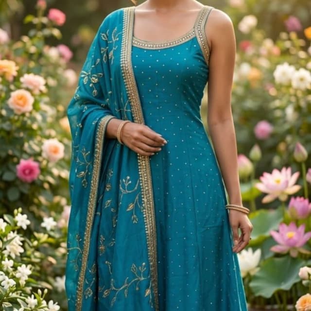 Teal blue and metallic gold Anarkali Suit Set