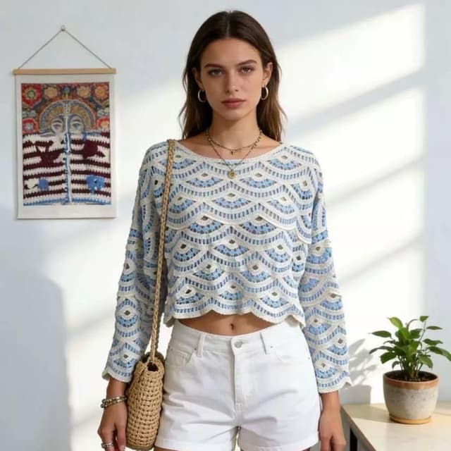 White, Sky Blue, and hints of darker blue Crochet Sweater