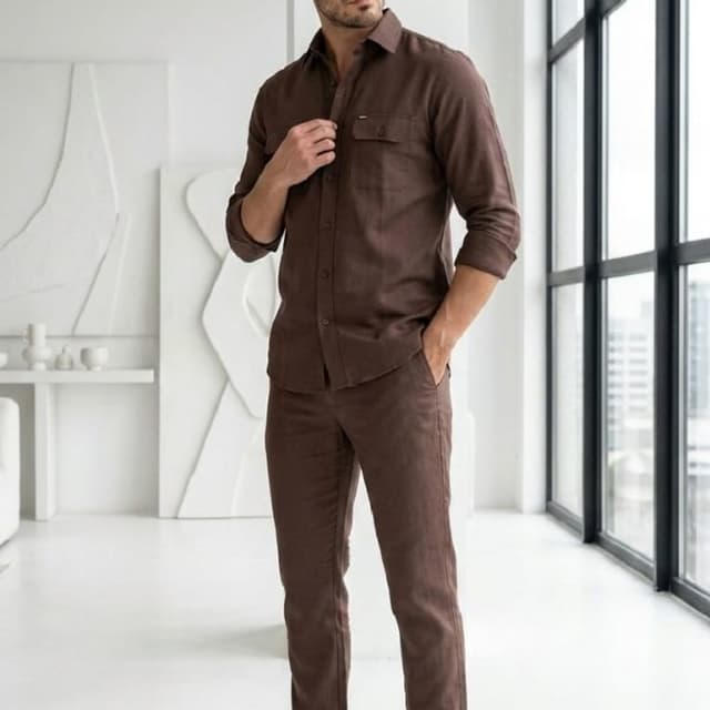 Solid Earthy Brown Co-ord Set (Shirt and Trousers)
