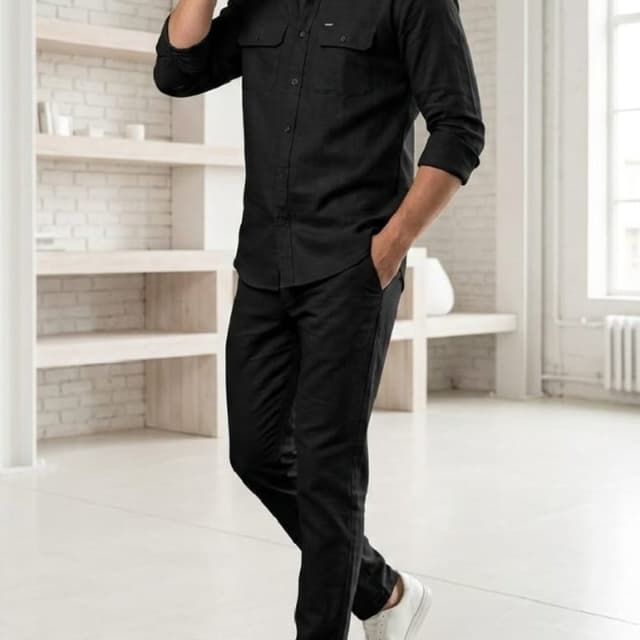 Solid Black Shirt and Trousers Set