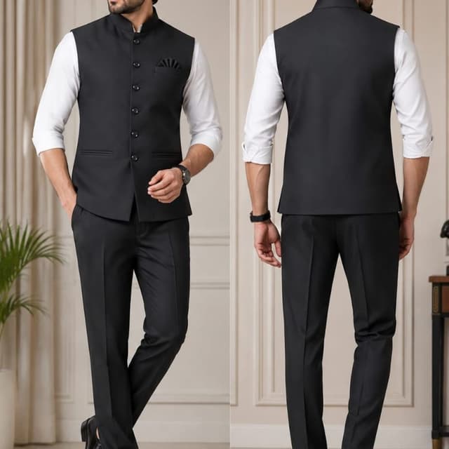 Black and White Nehru Jacket with Shirt and Trousers