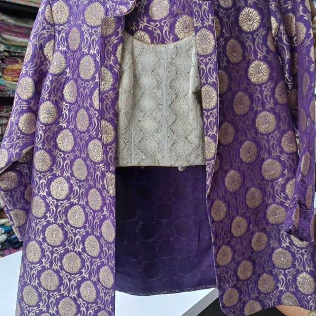 Deep purple and metallic gold, with an off-white inner top Jacket and Crop Top Set