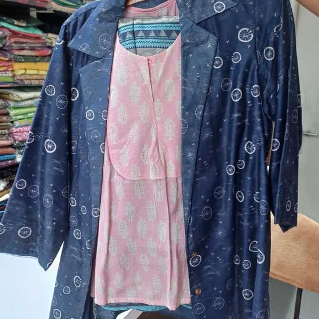 Navy blue, soft pink, white Layered jacket and top set