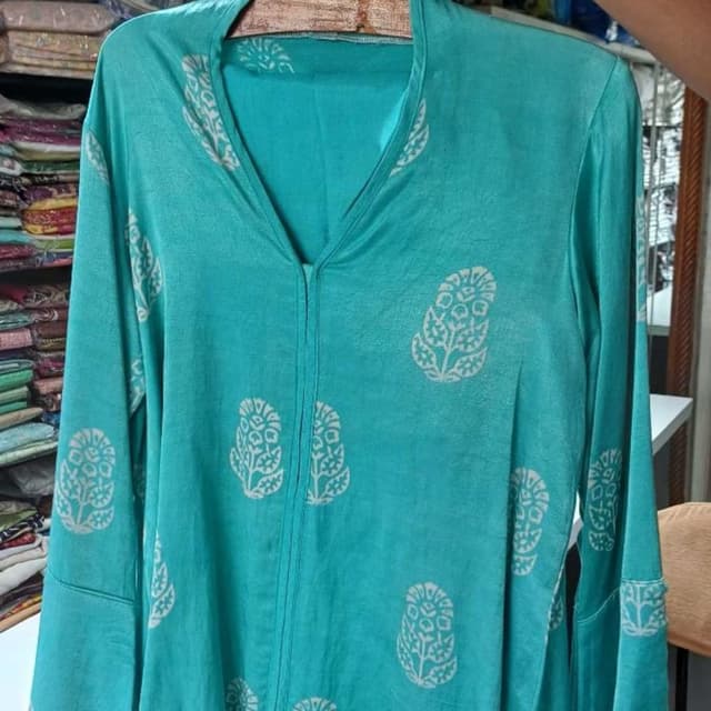 Teal green base with off-white block print pattern Kurti