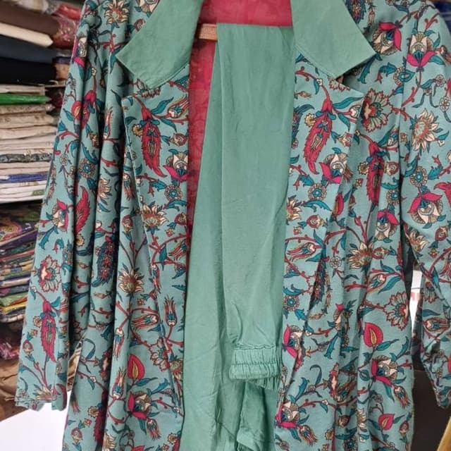 Seafoam green base with pink, cream, and darker teal floral accents Jacket and Pant Set