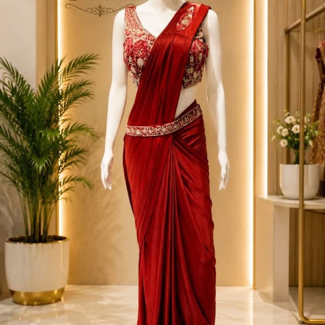 Deep Red, Crimson, Gold Pre-draped Saree