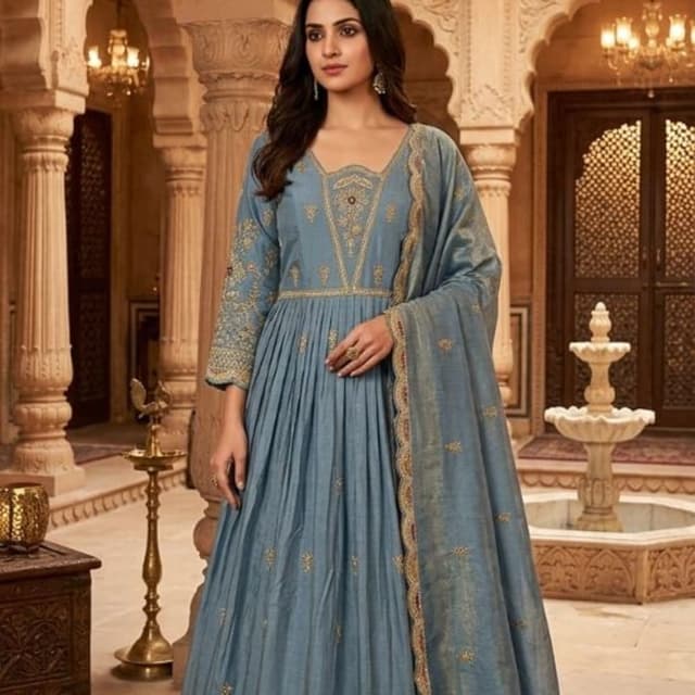 Dusty blue, muted blue, with gold-toned embroidery accents Anarkali Suit