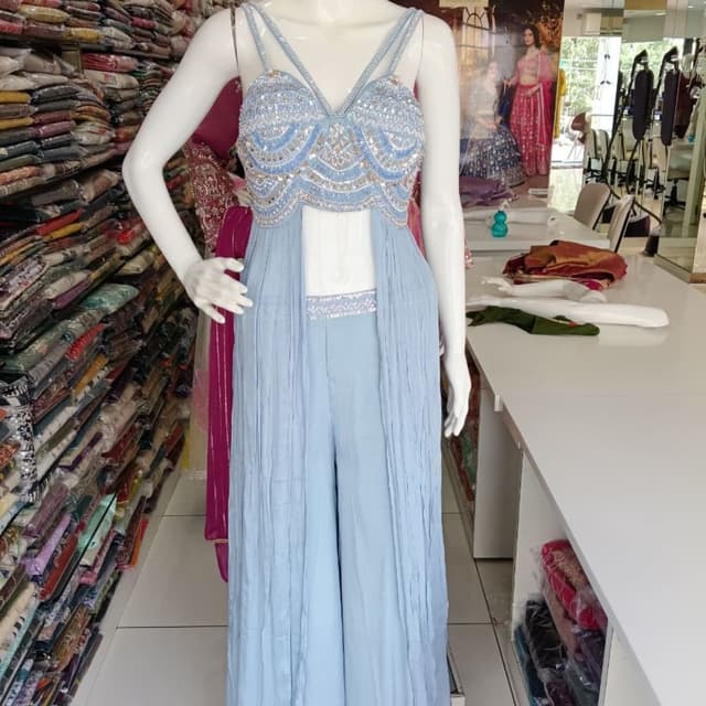 Light Blue/Powder Blue with Silver embellishments Co-ord Set/Crop Top and Palazzos