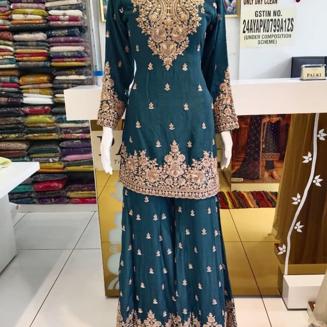 Teal green base with gold embroidery Sharara Set