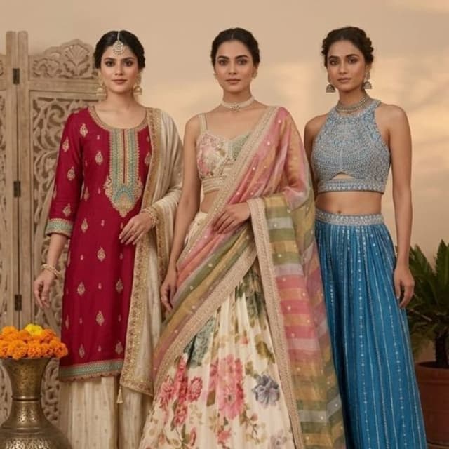 Multiple sets: Maroon/Cream, Multi-color Floral/Off-White, Dusty Blue Lehenga Choli, Kurta Sharara Set, Crop Top and Skirt Set