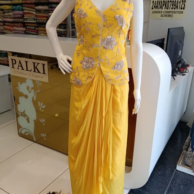 Bright mustard yellow with silver accents Dhoti Saree with Jacket