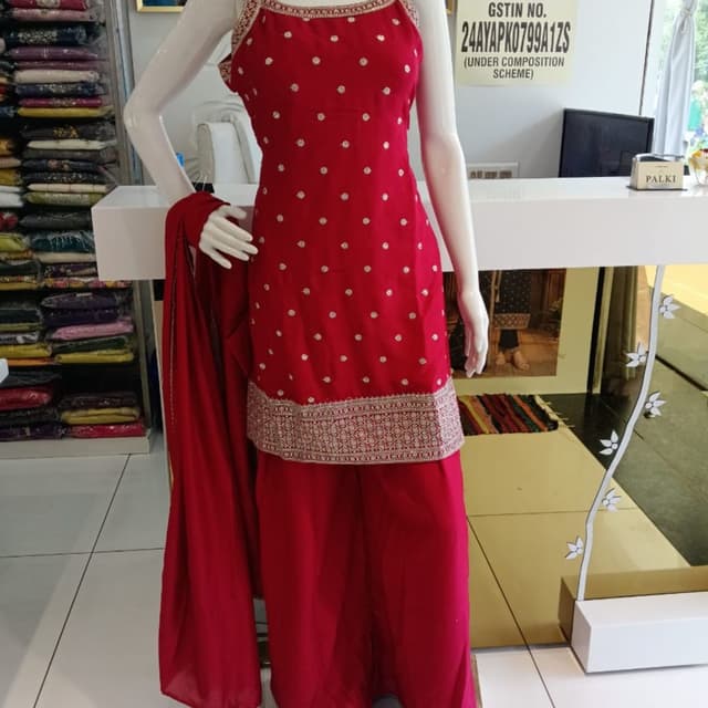Solid rich red with gold-toned embroidery Sharara Set