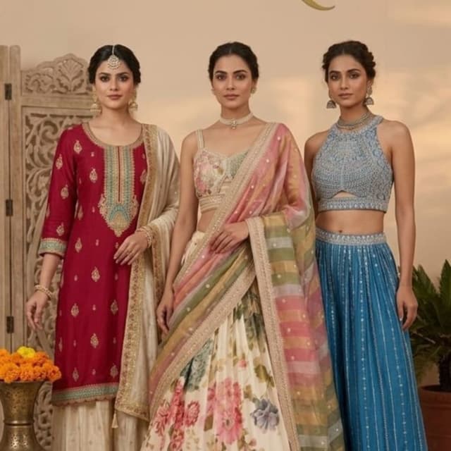 Multi-colored: Deep Maroon, Cream, Pastels, Blue, Gold Lehenga Choli and Salwar Kameez