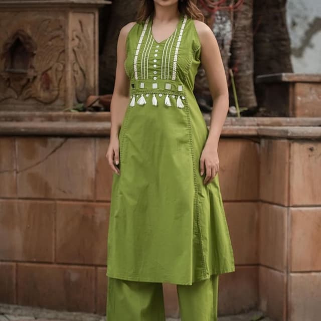 Olive Green and White Kurta Set