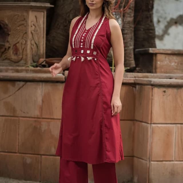Maroon, White Kurta Set with Palazzo