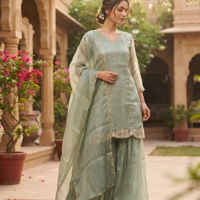 Sage green, soft gold Sharara Set