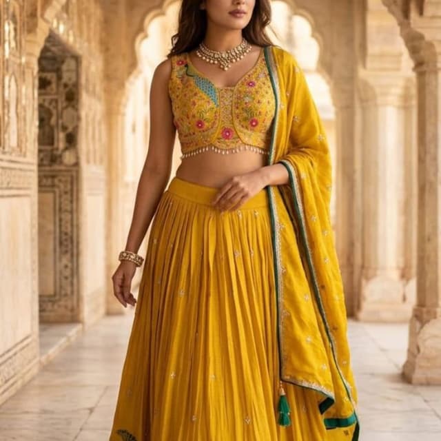Vibrant Mustard Yellow with accents of Peacock Blue, Pink, and Forest Green Lehenga Choli