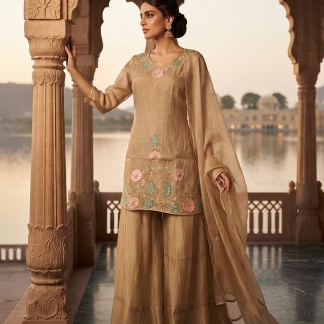 Beige, soft pink, pale mint green Sharara Set
