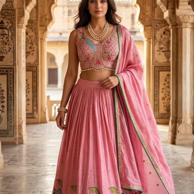 Soft pink, peacock blue, green, and gold accents Lehenga Choli