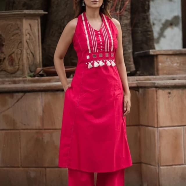 Solid fuchsia pink with white accents Kurta Set with Palazzo