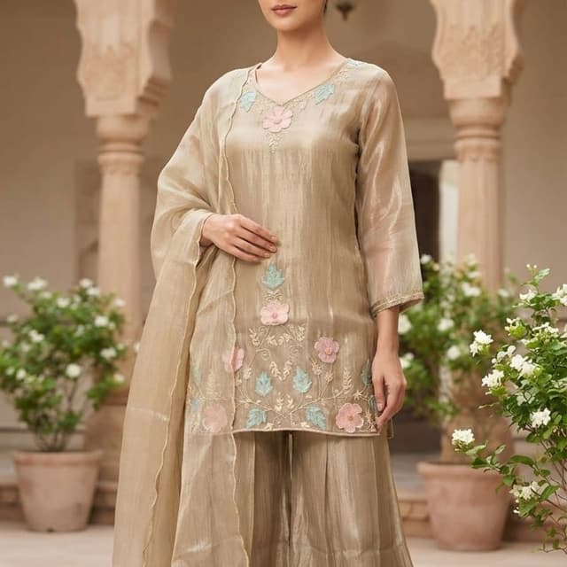 Champagne gold, pastel pink, and mint green Sharara Suit Set