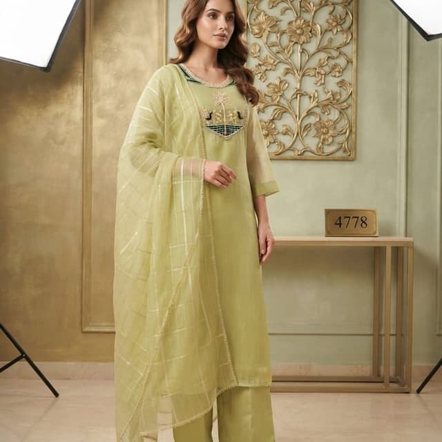 Light olive green, dark green accents, gold metallic accents Salwar Kameez suit set