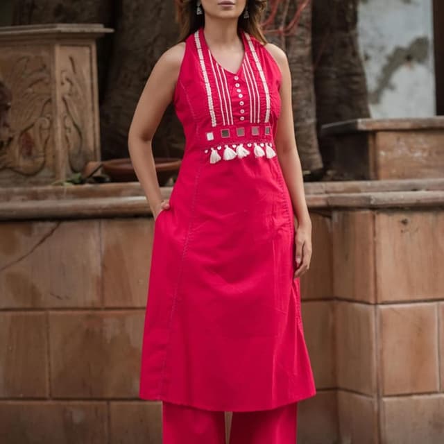 Solid fuchsia pink with white accents Kurta set with palazzo pants