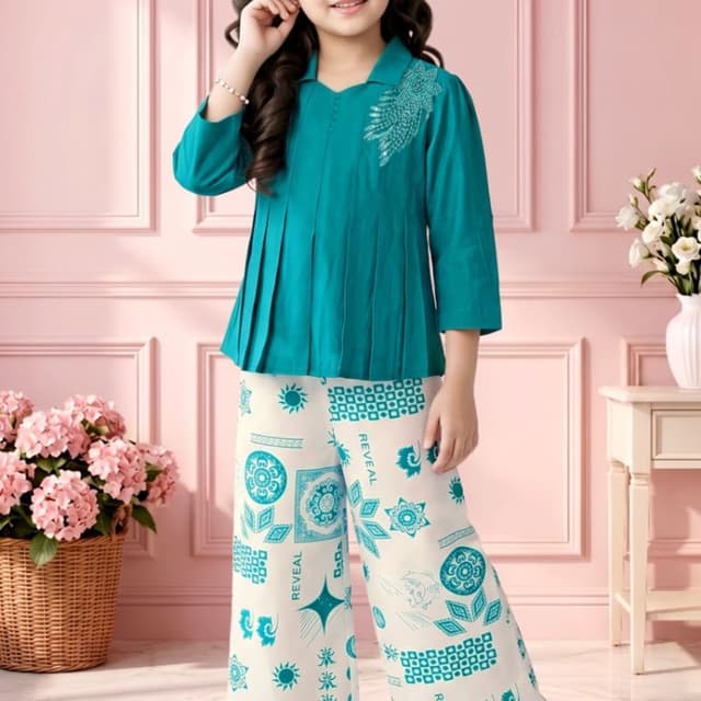 Teal blue and white Co-ord set (Top and Wide-leg pants)