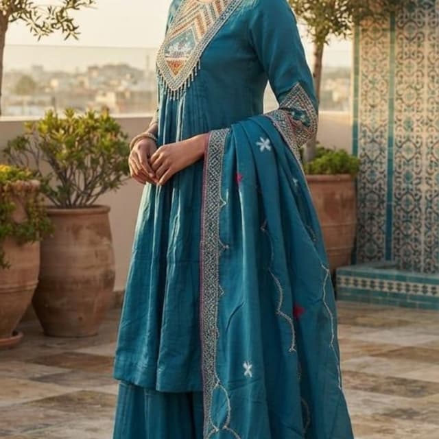 Deep Teal, with accents of peach, white, and subtle metallic tones in the embroidery Sharara Set