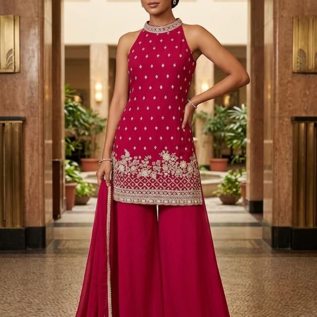 Deep fuchsia pink with gold embroidery Sharara Set