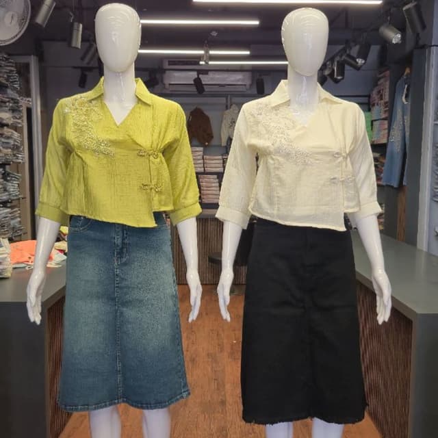 Olive green, off-white, light blue denim, black Wrap top and skirt set