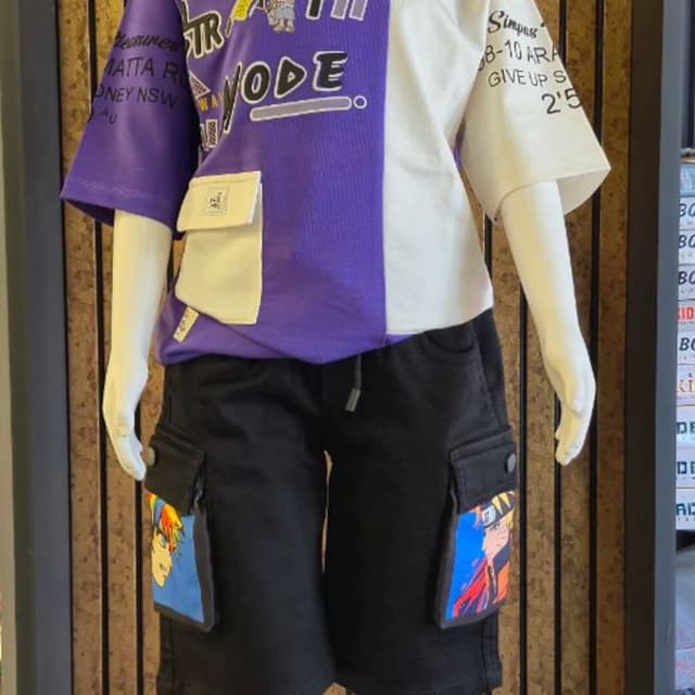 Purple, White, and Black Co-ord set (Oversized T-shirt and Cargo shorts)