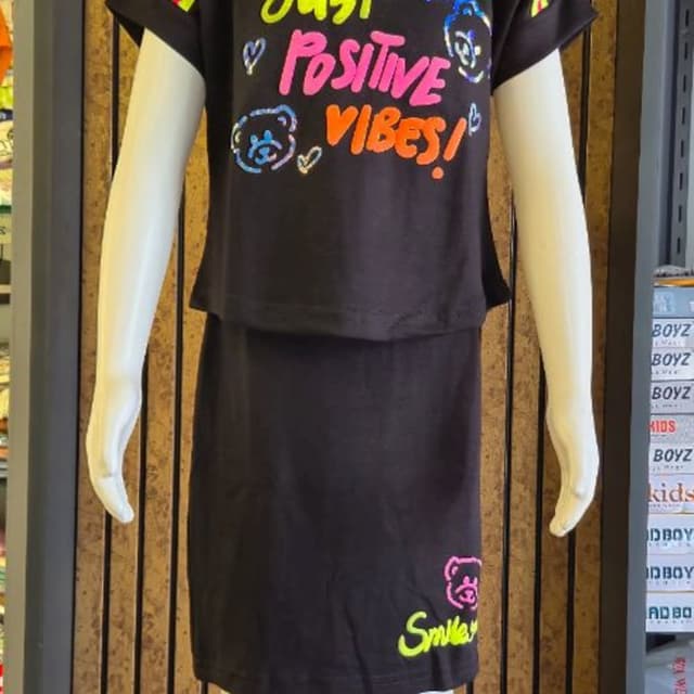 Black with neon yellow, pink, and orange accents Co-ord Set (T-shirt and skirt)