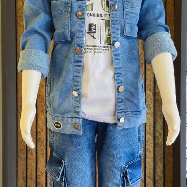 Light blue denim, white, and subtle olive green accents Denim jacket and cargo jeans set