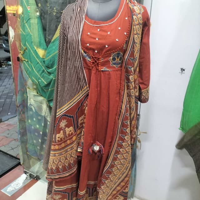 Rust Orange, Deep Navy Blue, Cream, Mustard Yellow Anarkali Kurti with attached jacket/shrug style