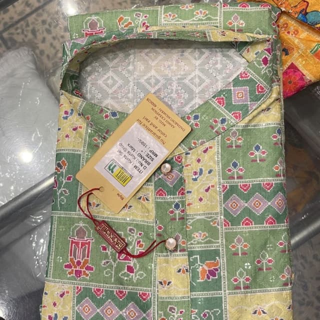 Sage Green, Mustard Yellow, White, Pink, and accents of dark green Kurta