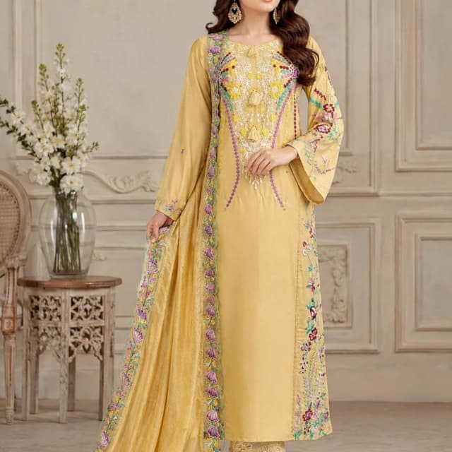 Yellow with multi-color floral embroidery (purple, teal, pink, orange) Long Kaftan