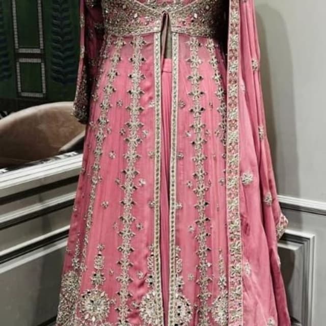 Dusty Pink, Silver Lehenga Choli with long jacket