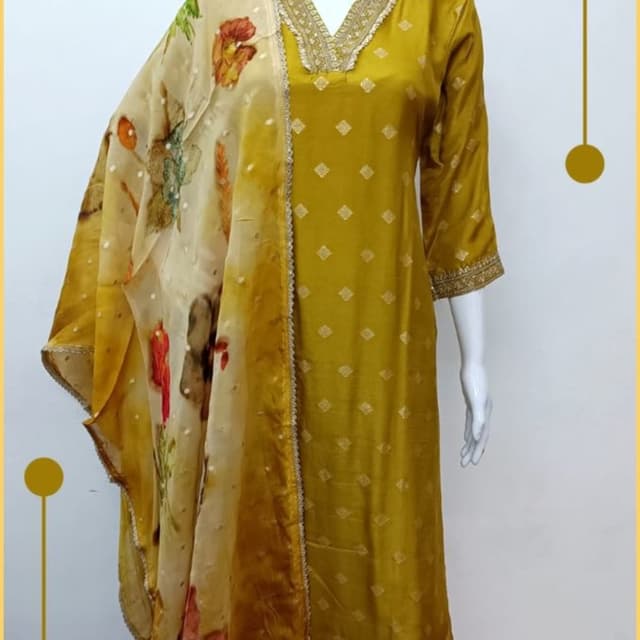 Mustard yellow with cream/off-white and floral accents Salwar Suit Set